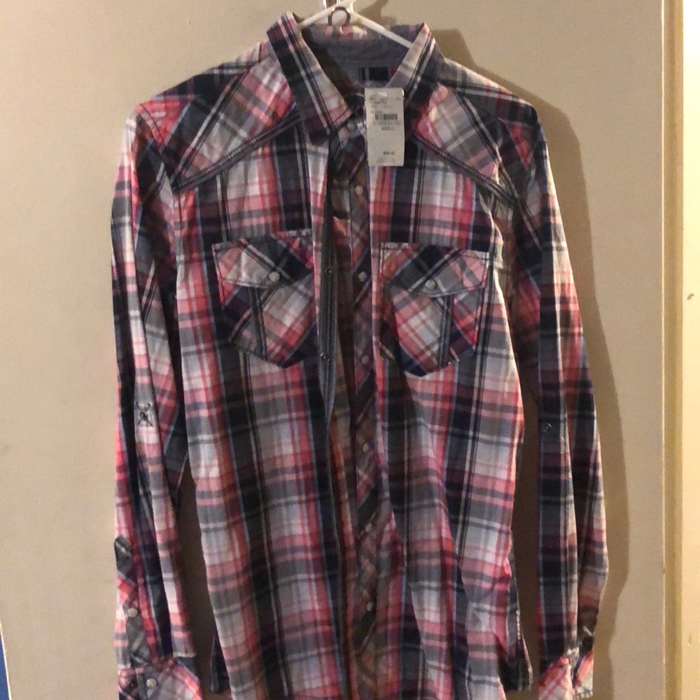 BKE long sleeve button up, pink/black/white, small